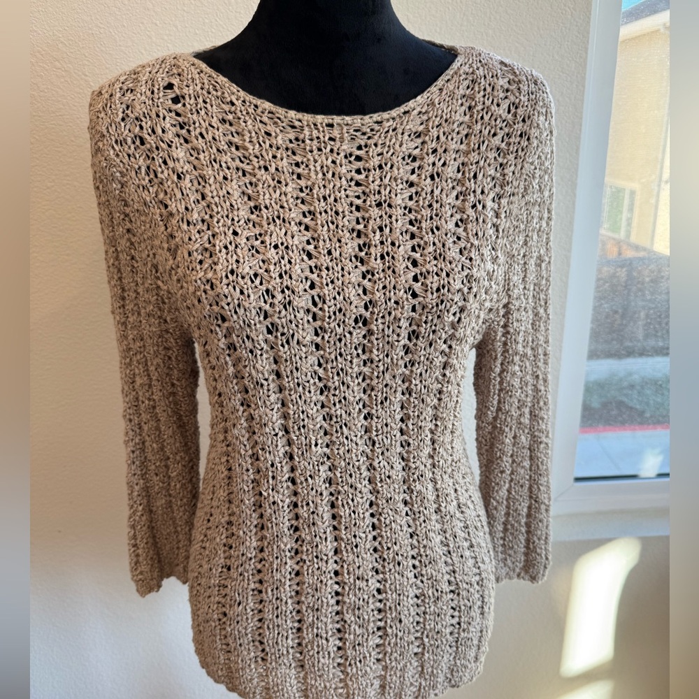 Dana Buchman Open Knit Sweater Tan Beige Medium Cotton Blend